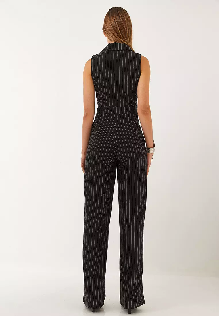 Women's Thin Striped Double Breasted Collar Lycra Jumpsuit 90018 60271031