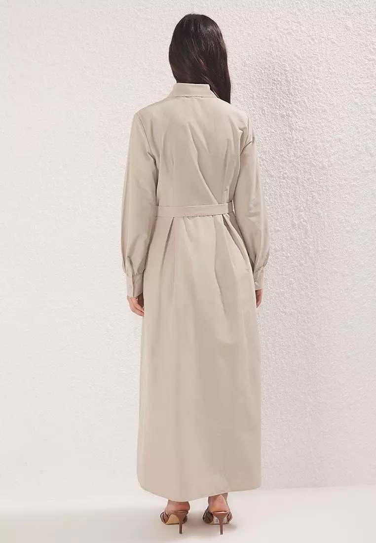 Beige Shirt Collar Fabric Belted Woven Dress TCTSS25EB00006