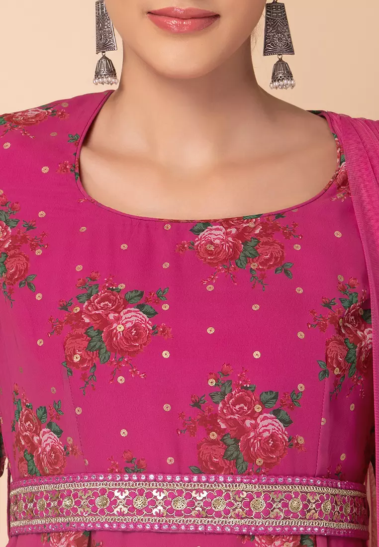 Hot Pink Foil Print Kurta With Attached Dupatta And Embroidered Belt