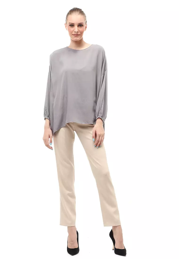Glory Blouse Oversize Long Sleeves Atasan Wanita Design Simple Motif Polos Relaxed Fit - Grey