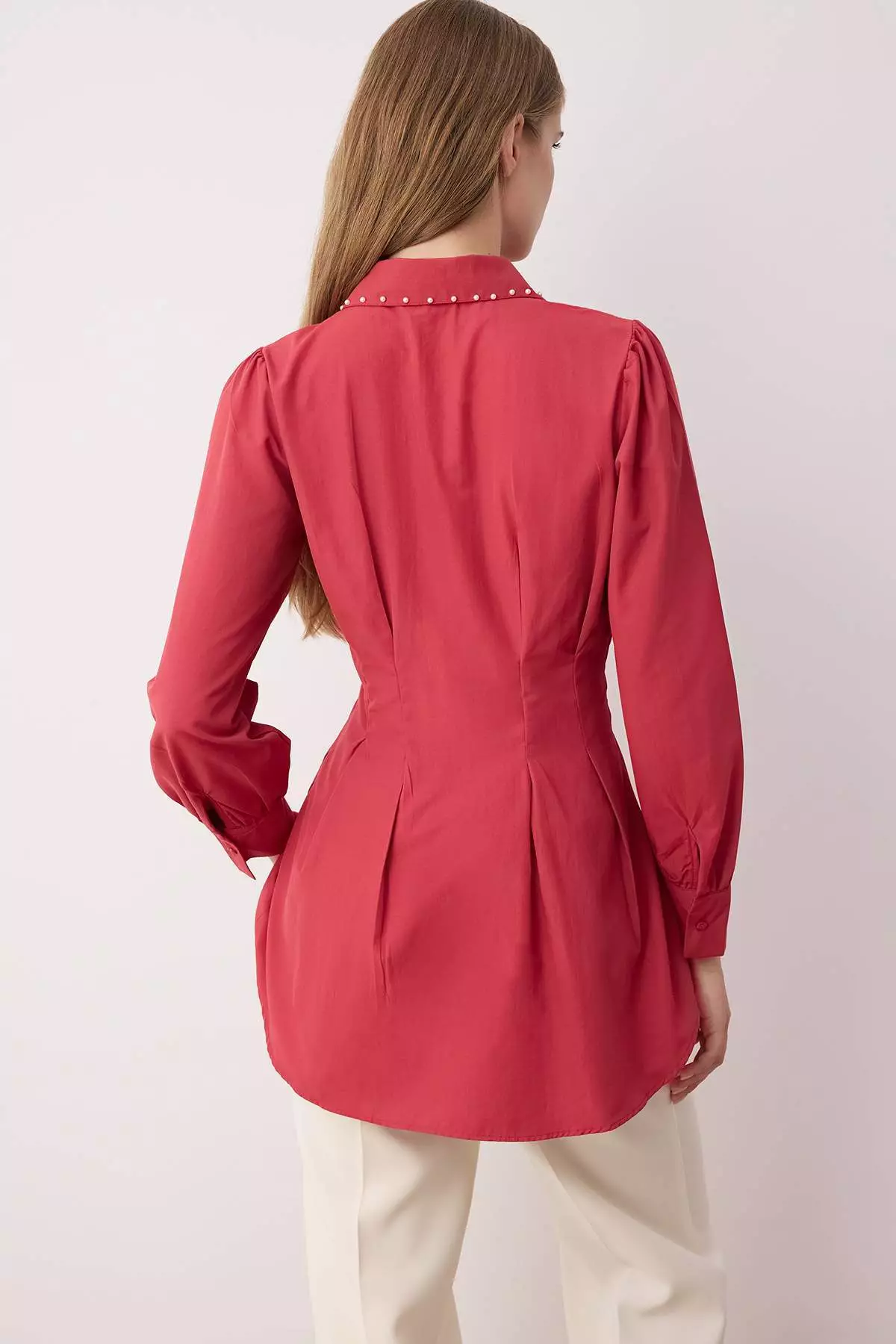 Dusty Rose Waist Sitting Pearl Detailed Woven Shirt Tctaw24Tg00027