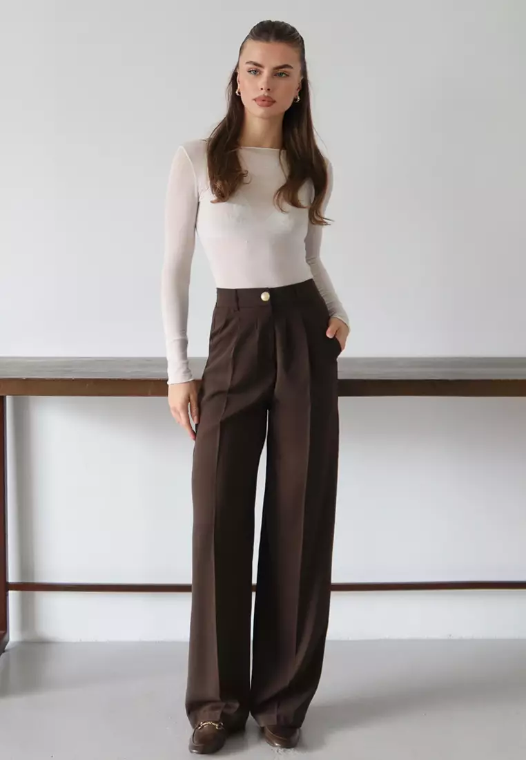 Dark Brown High Waist Wide Leg Woven Trousers Twoaw26Pl161