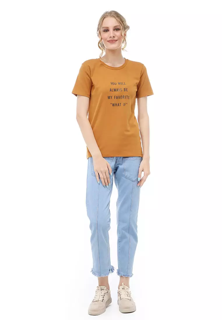 Genevie Kaos Kasual Wanita Lengan Pendek You Will Be Material Cotton ORIGINAL - Mustard