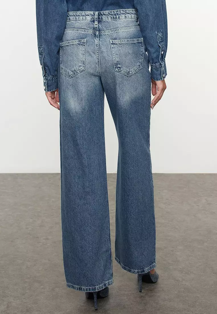 Cotton High Waist Regular Wide Leg Jeans