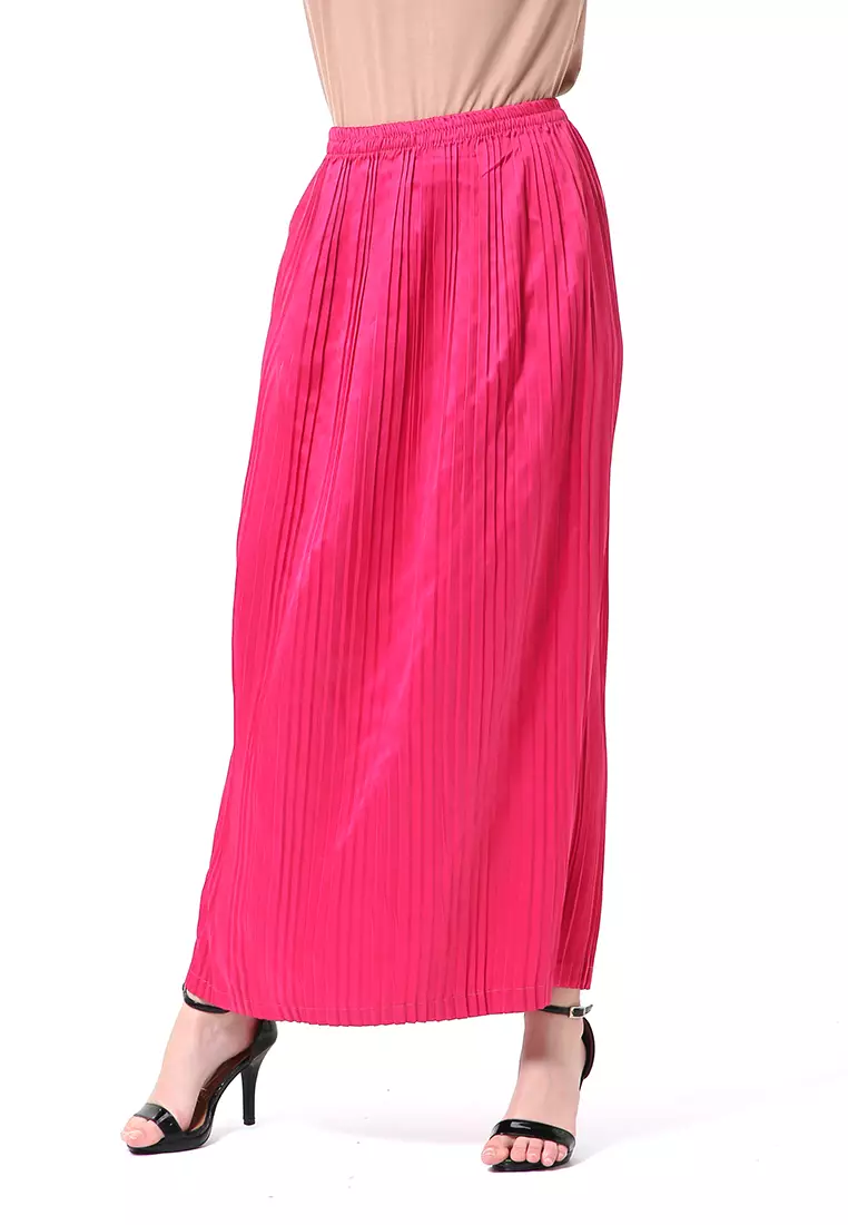 Angely Rok Plisket Rubbery Waist Fashion Wanita Simple - Pink Fanta
