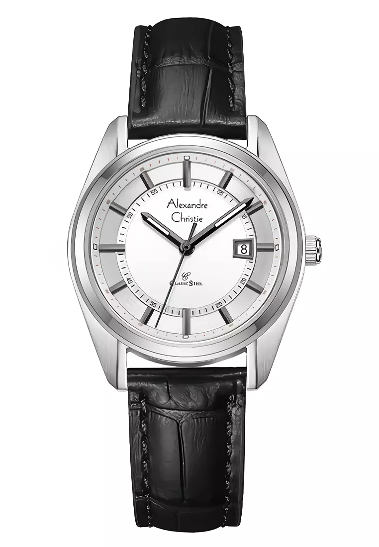 Alexandre Christie Classic Steel - Jam Tangan Analog Wanita - Silver Case Black Leather Strap - 8695LDLSSSL