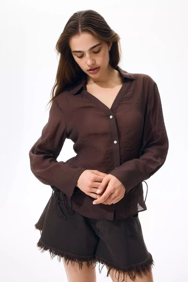 Tie-detail linen-blend shirt