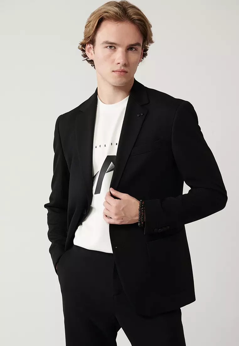 Men's Black Mono Collar Lined Slit Jersey Fabric Jacket B004000