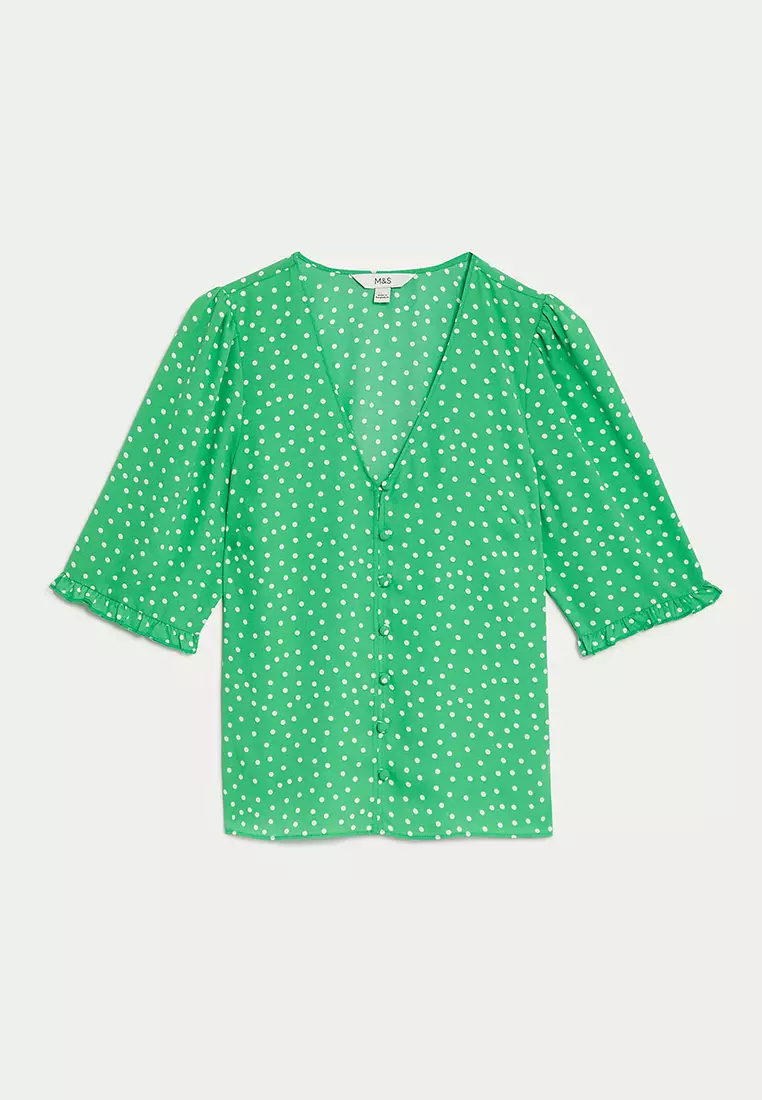 Printed V-Neck Puff Sleeve Blouse