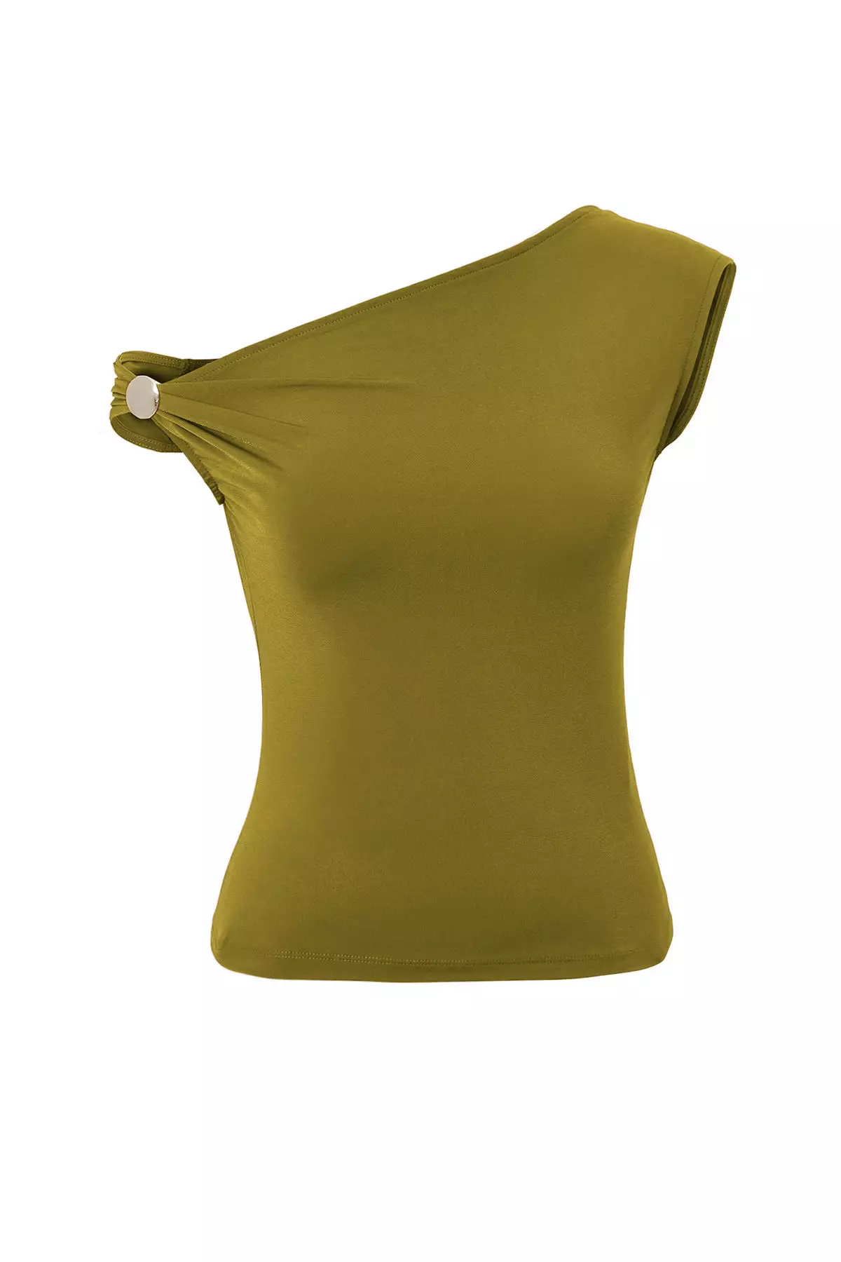 Oil Green Plain Asymmetric Neck Sleeveless Knitted Sandy Stylish/Evening Blouse