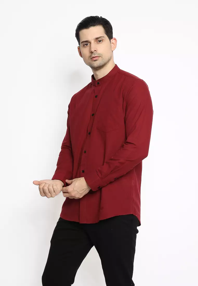 MAGINOT Kemeja Pria KOKO Basic Polos Lengan Panjang WINE