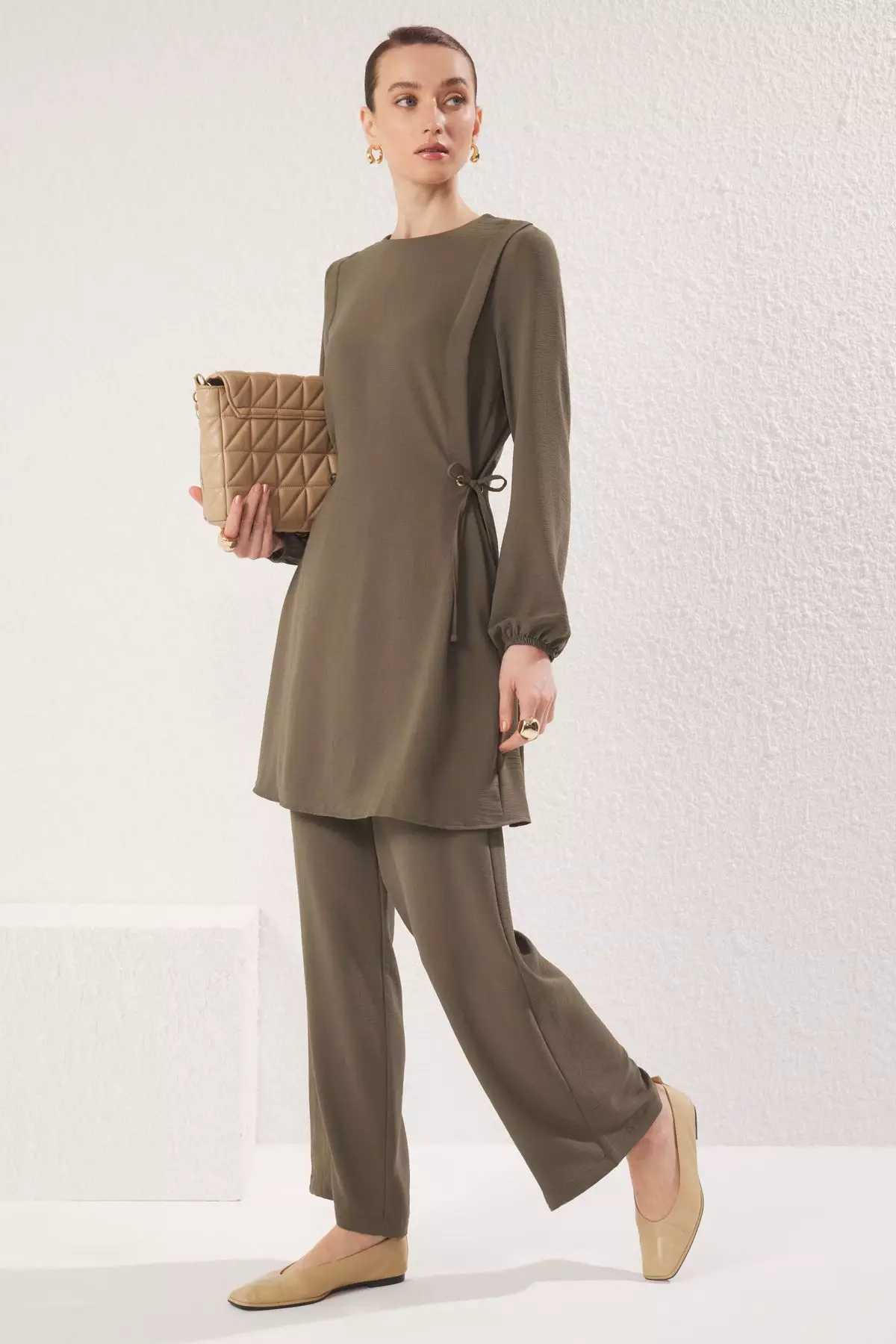 Jual Trendyol Dark Khaki Eyelet Tie Detail Aerobin Tunic-Pants Set