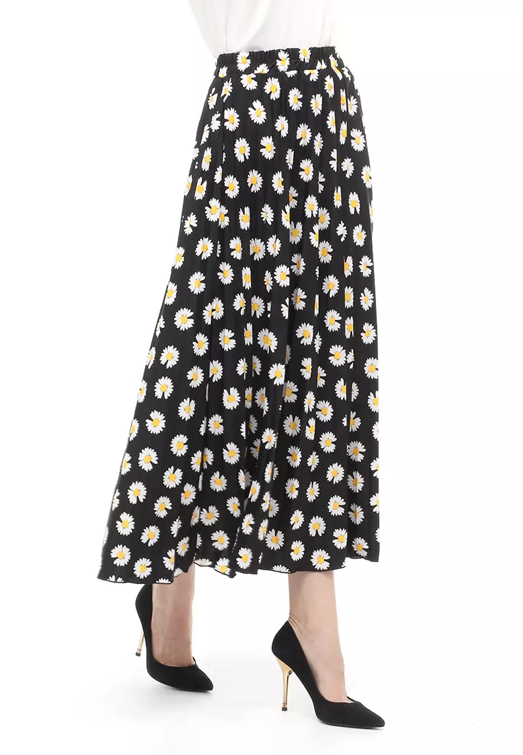 Rok Plisket Motif Print Design Vintage Rubbery Waist Bawahan Wanita - Daisy Hitam