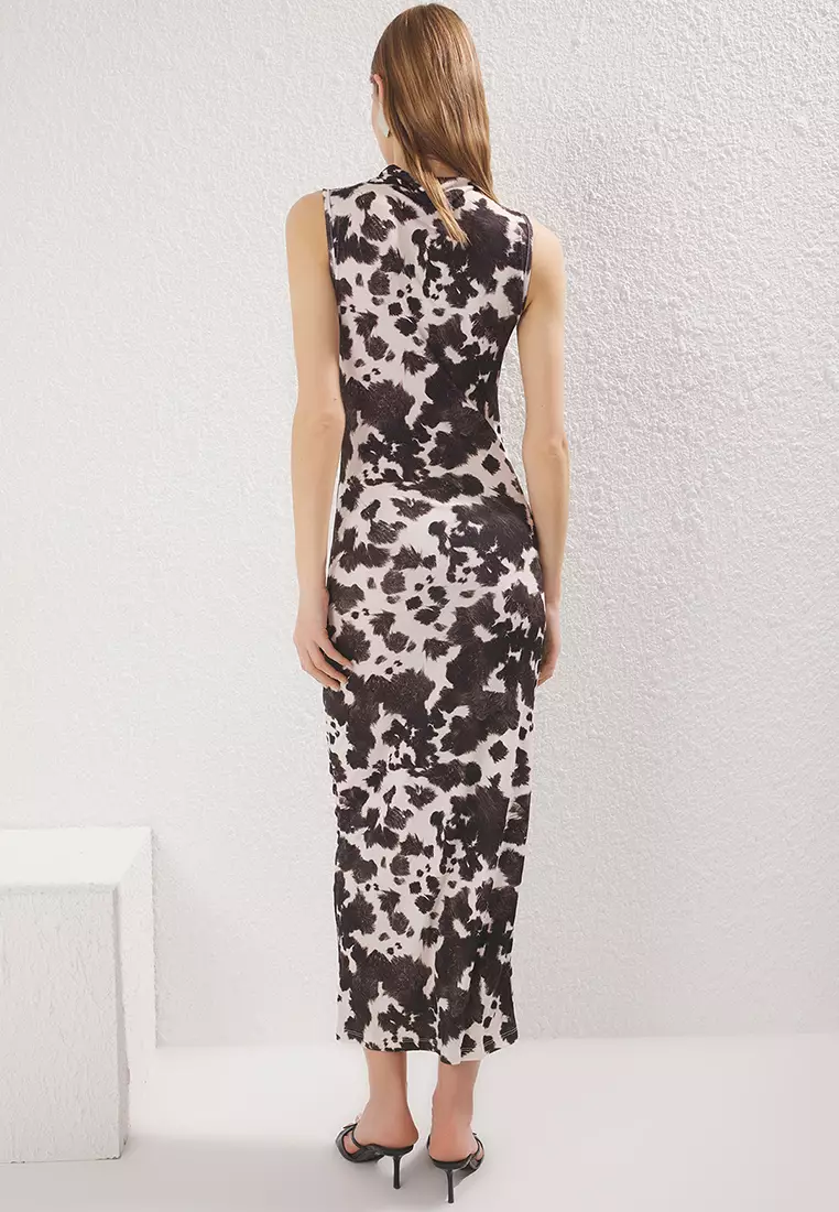 Dark Brown Cow Printed Maxi Sleveless Draped Bodycon Stretch Knit Dress