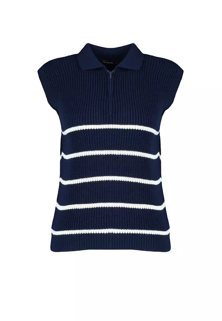 Zipper Striped Knit Vest