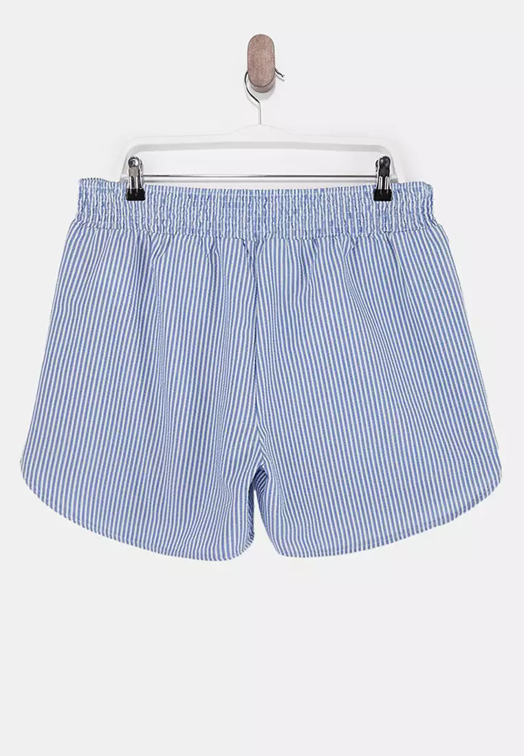Beachwear Blue Striped Seersucker Textured Fabric Plus Size Beach Shorts Tbbss26Ap00007