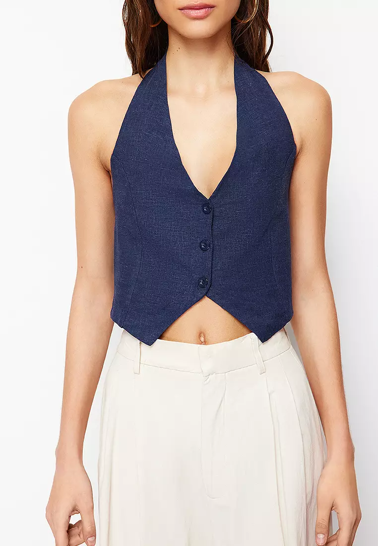 Indigo Halter Neck Gathered Back Cotton Linen Crop Woven Blouse