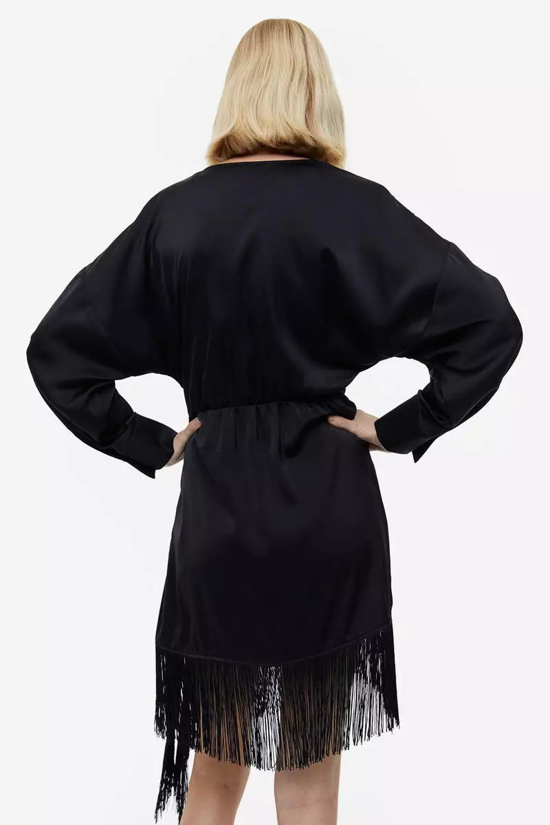 Fringe-trimmed satin wrap dress