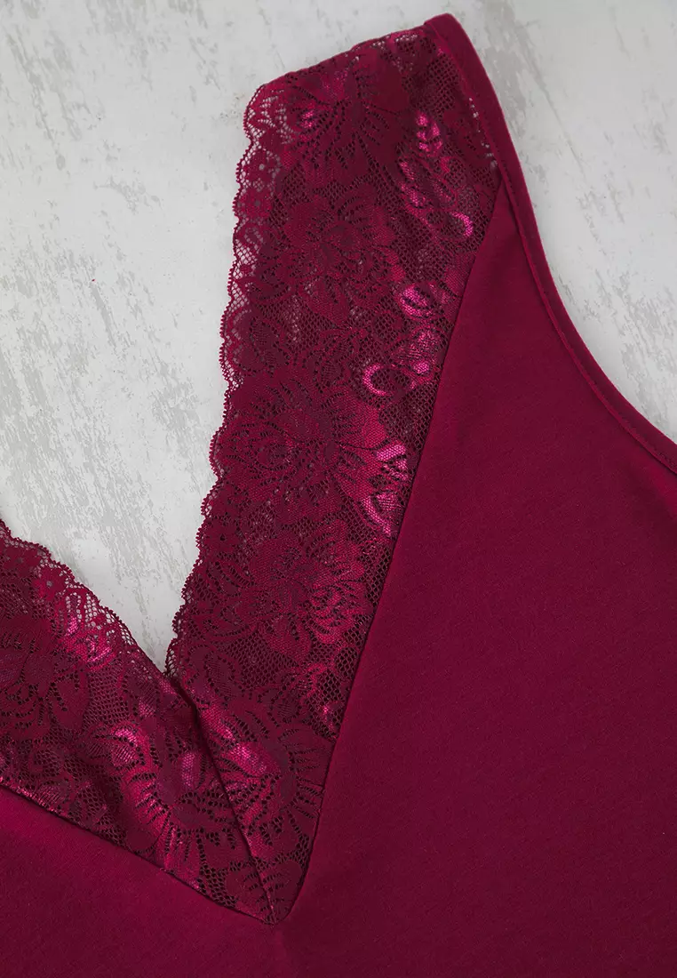 Burgundy V-Neck Lace Knitted Pajamas Set Tbbss25Ai00111