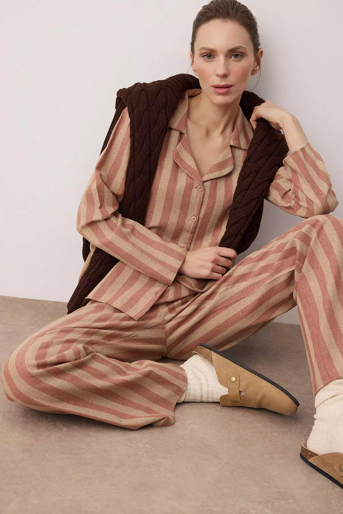 Rose Dried-Ecru Cotton Thick/Personalized Striped Flannel Woven Pajama Set Thmaw26Pt196