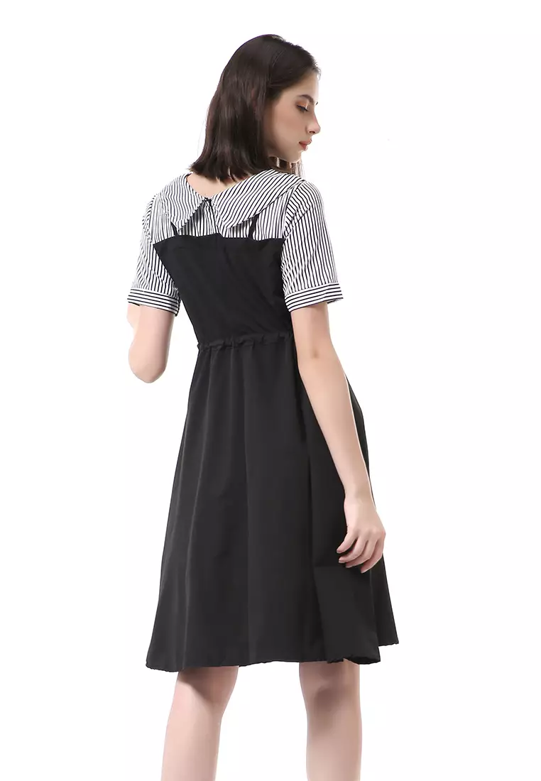 Rachel Midi Dress Wanita Lengan Pendek Vintage Design Tali Pinggang Material Cotton ORIGINAL - Black