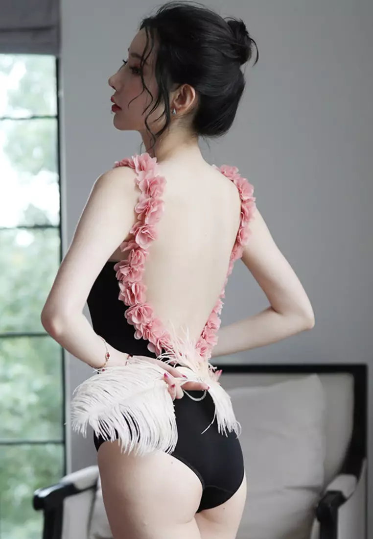 Sexy Backless Floral Collar Cover Belly Triangle One-Piece Swimsuit A22031711PI