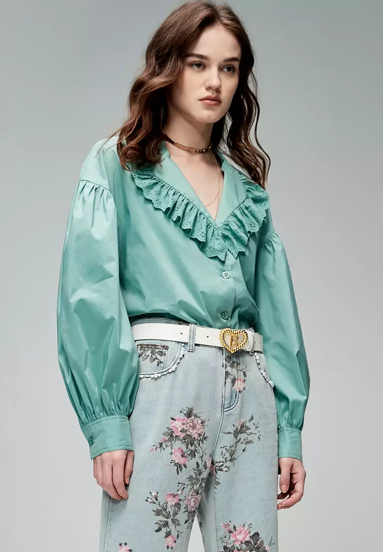 Drop Shoulder Seam Oversize Green Top With Lace Collar