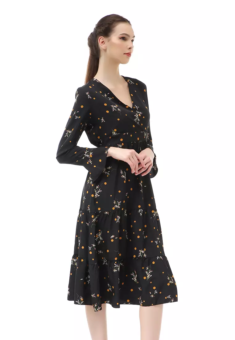 Rachel Midi Dress Kasual Wanita Long Sleeve Leaf Motve Material Chiffon ORIGINAL - Black
