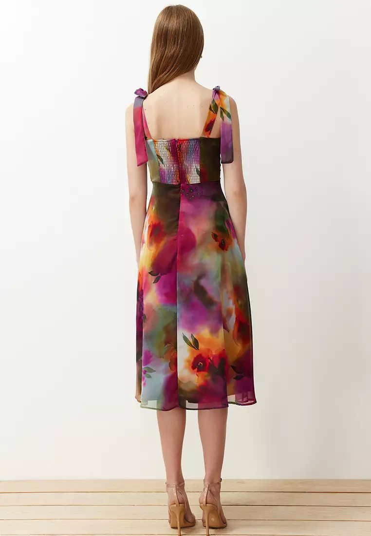 Tie Straps Floral Chiffon Dress