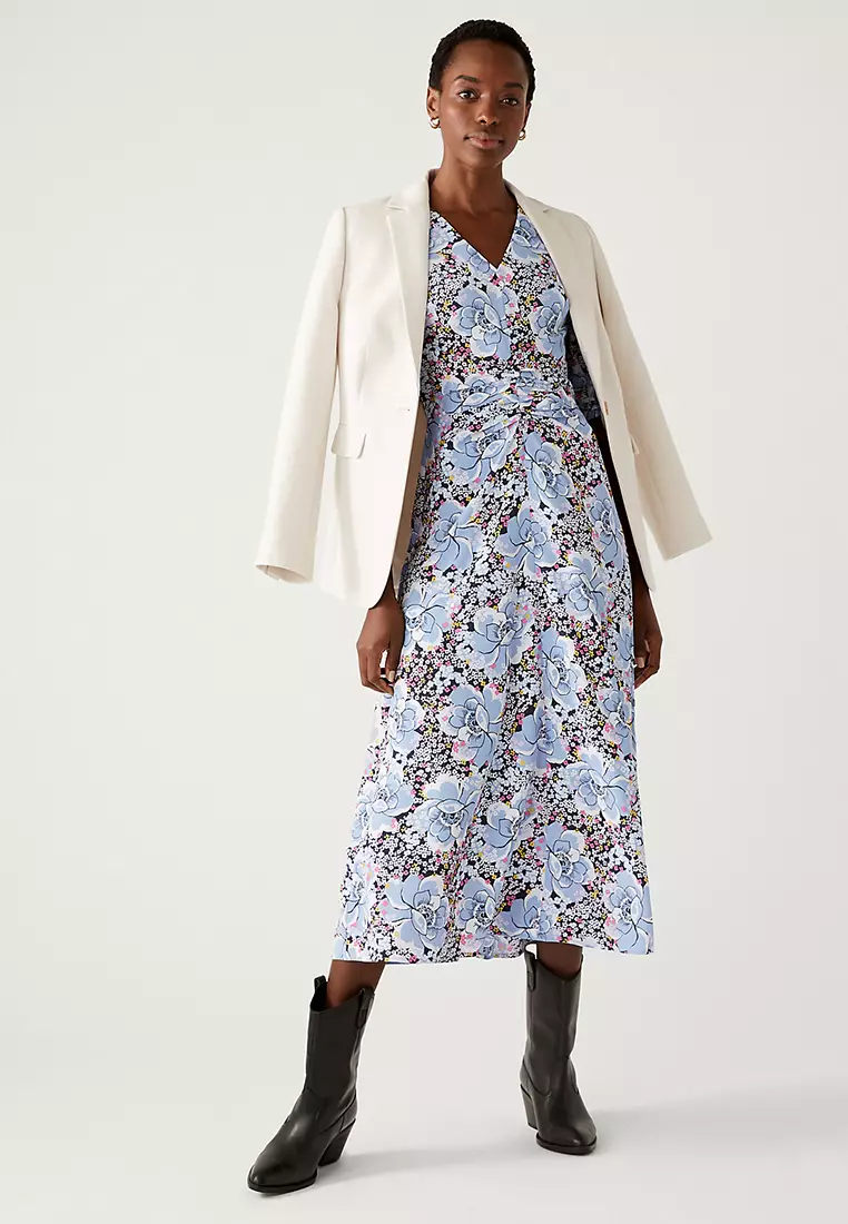 Floral V-Neck Midi Waisted Dress