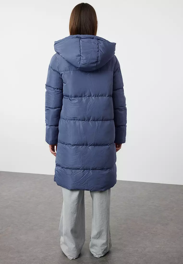 Grey-Blue Reversible Hooded Water Repellent Long Puffer Jacket TWOAW23MO00052