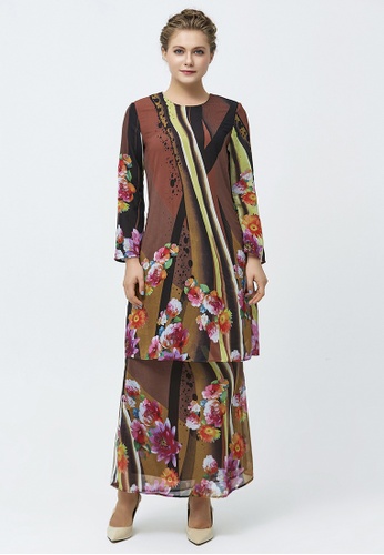 Regal Mixed Floral and Spots Baju Kurung from Era Maya in black and pink and yellow and green and Brown