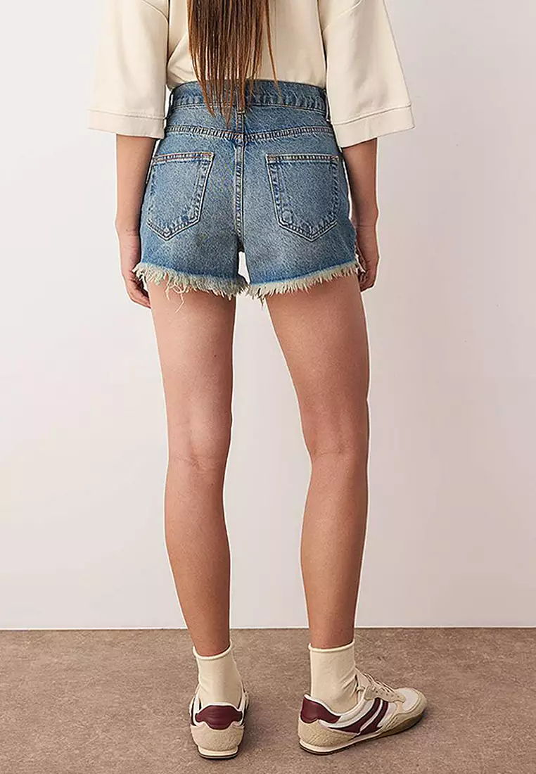 Cotton High Waist Ripped Denim Shorts