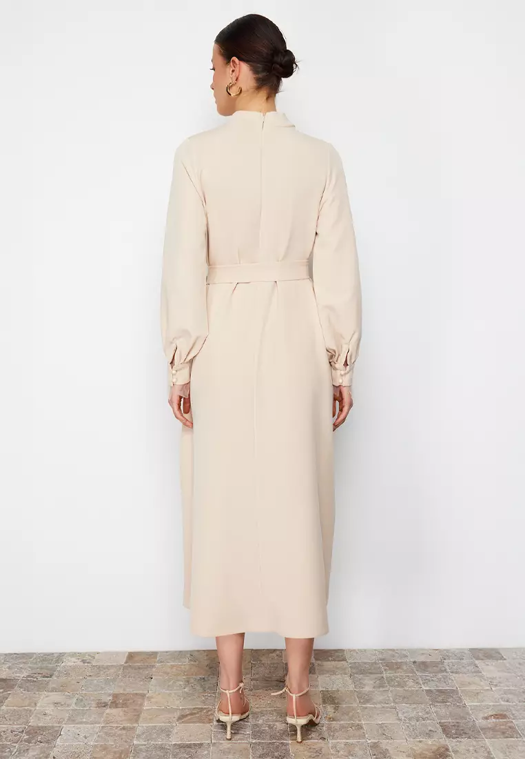 Stand Collar Belt Detailed Dress