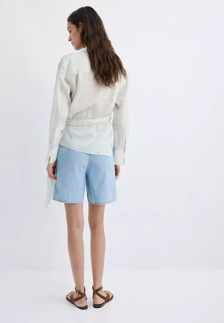 Mid-Rise Denim Bermuda Shorts With Pleats