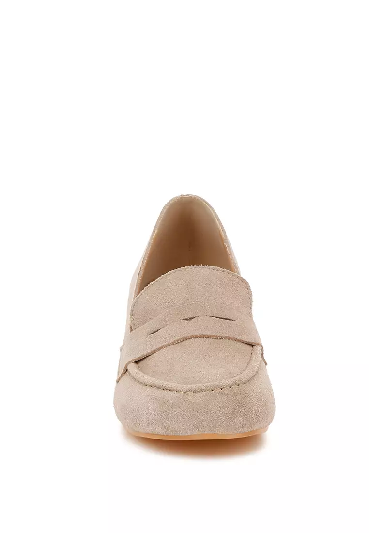 Block Heel Suede Loafers in Sand
