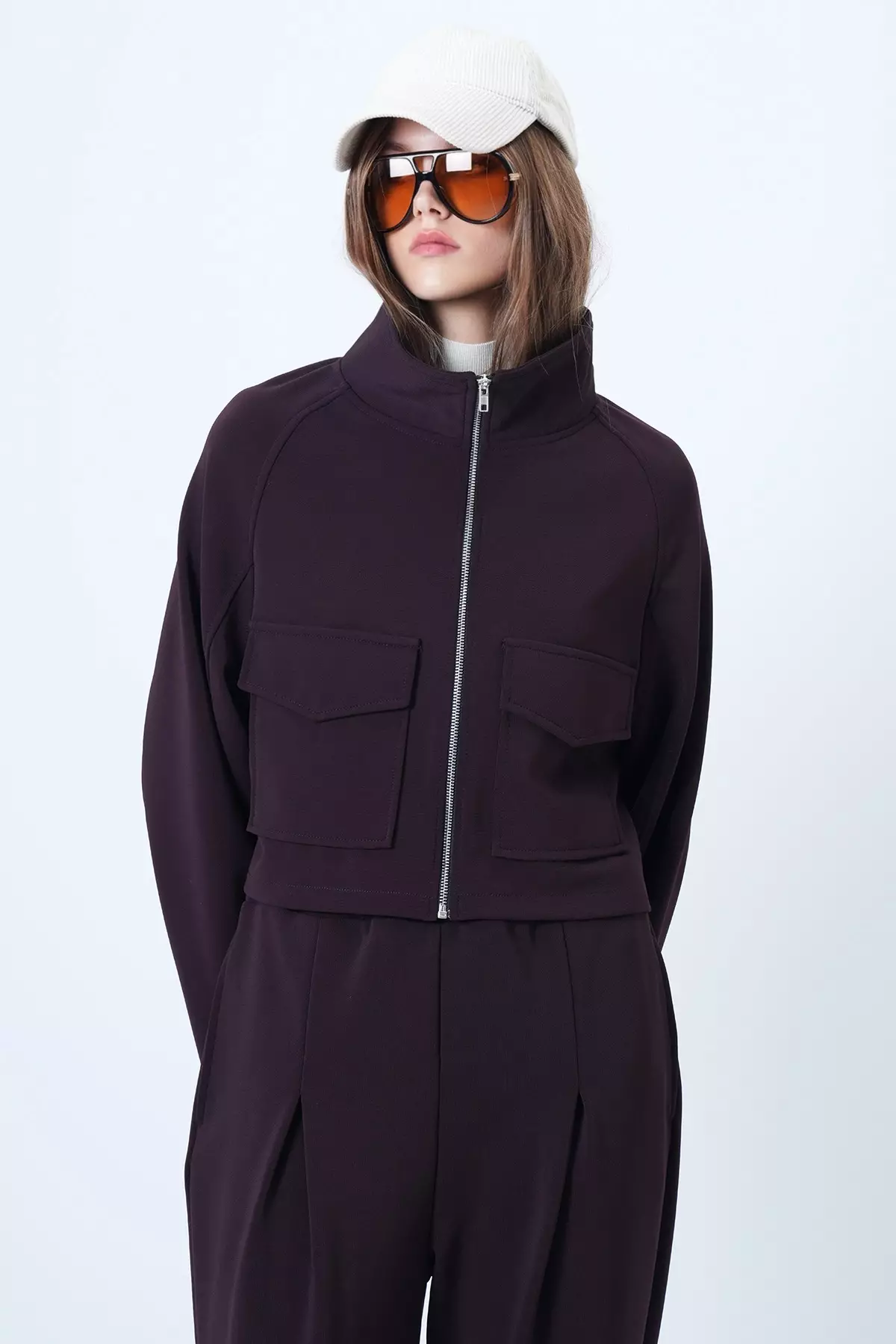 Plum Color Stand Collar Double Pocket Raglan Sleeve Jacket Alc-X14409