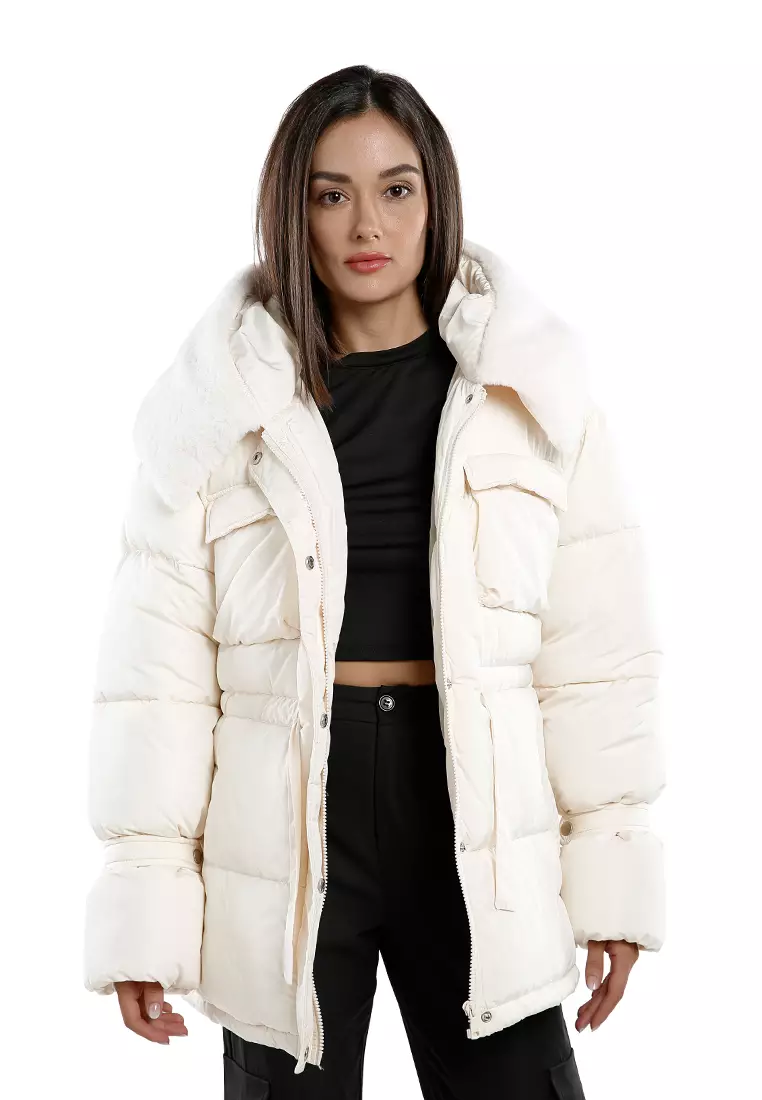 long cream puffer jacket