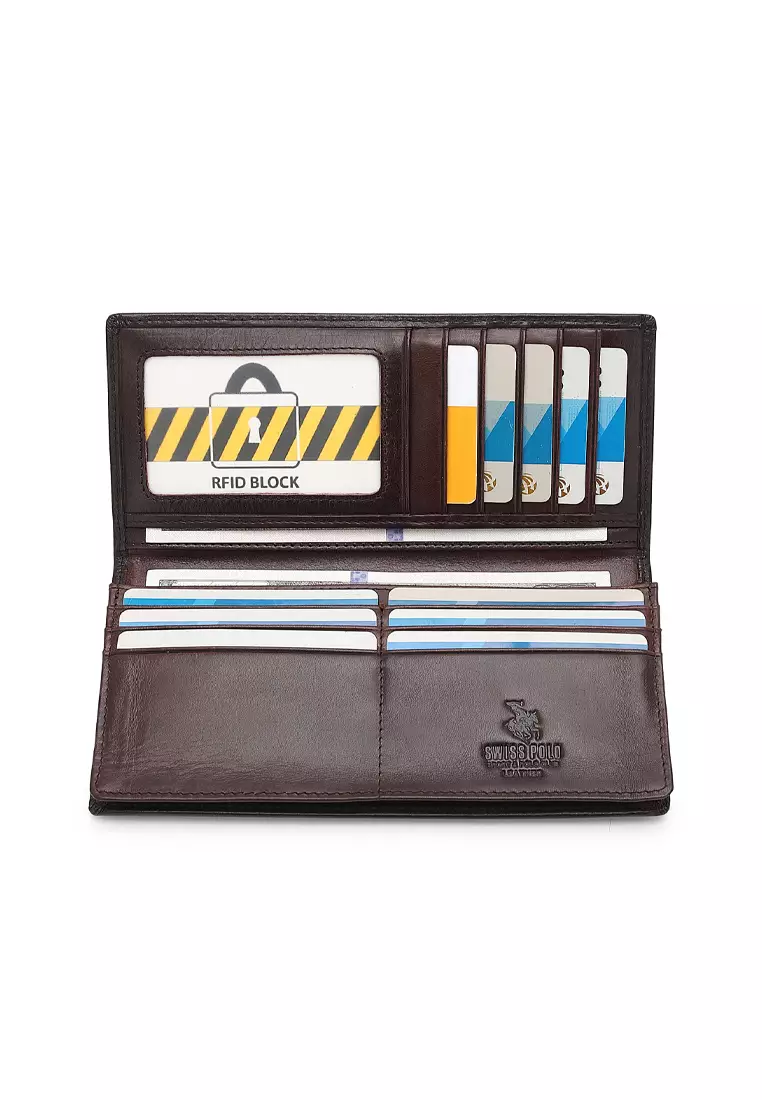 Genuine Leather RFID Blocking Long Wallet - Brown