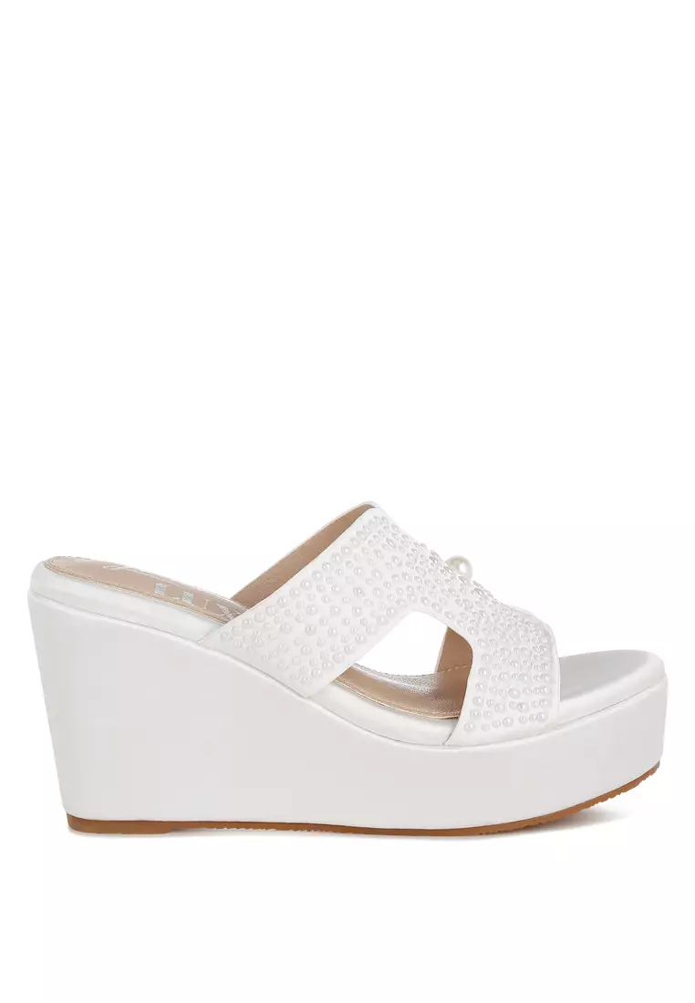 Discount on London Rag  shoes - SKU: White Satin Pearl Detail Wedge Sandals