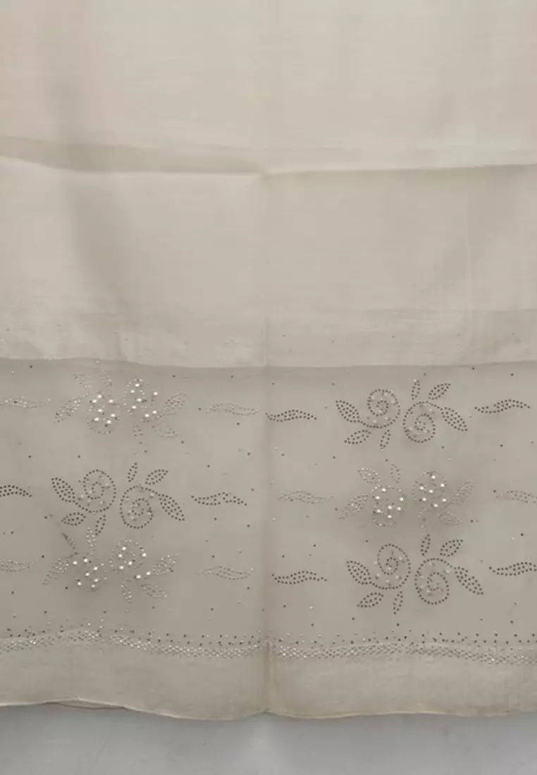 Aksesoris Syal Pesta Wanita Pearly Studs Embellish Floral Silk Shawl Syal Sutra Wanita Evening Shawl Ivory Cream