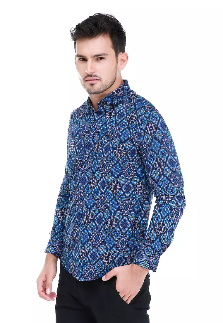 Dwan Kemeja Batik Pria Permata Atasan Formal Longsleeve Shirt Material Cotton ORIGINAL - Blue