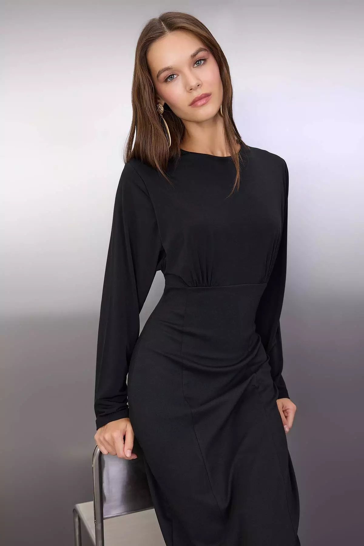 Black Plain Top Flowy Bodycon Midi Knit Dress