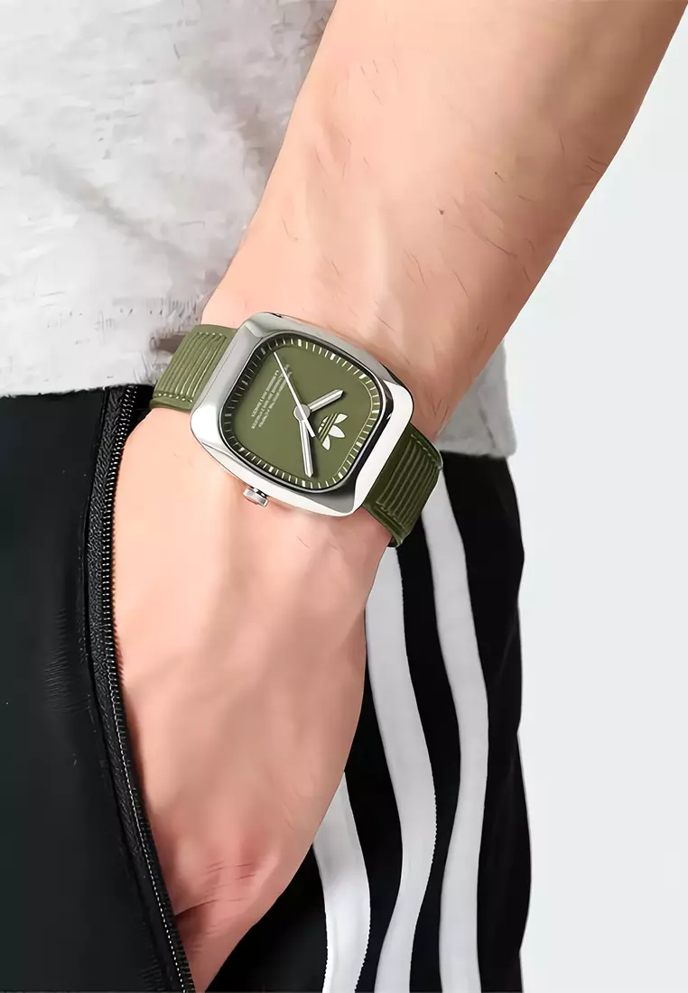 Adidas Medium Retro Wave One - Jam Tangan Analog Wanita - Stainless Steel Case - Green Leather Strap - AOSY24526