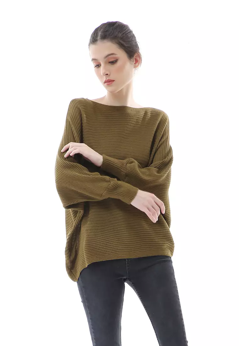 Eveline Sweater Rajut Batwing Atasan Wanita Motif Polos High Quality - Bronze