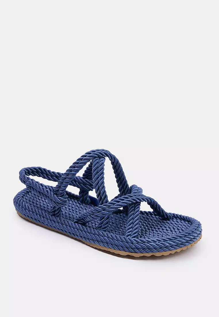 Blue Cross Strap Rope Drawstring Women's Straw Sandals Takss25Sd00056
