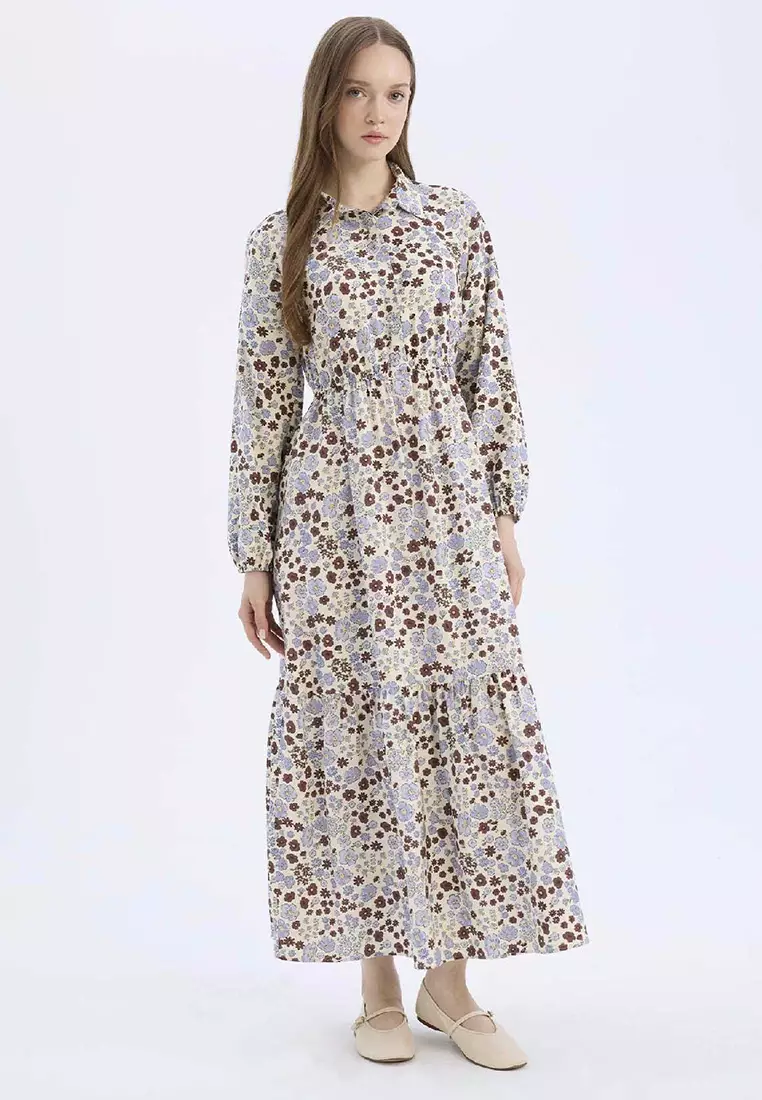 Shirt Collar Print Long Sleeve Maxi Dress