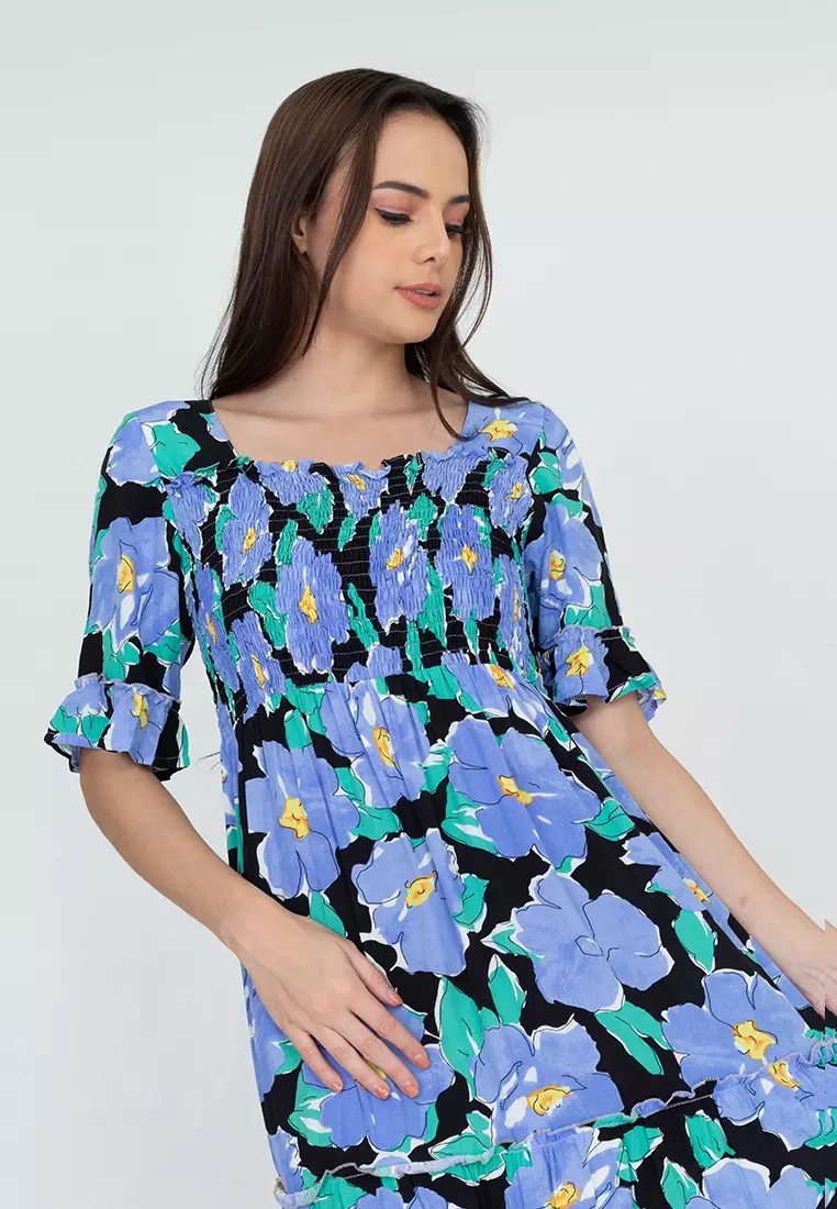 Baizou Floral Print Smocking Maxi Dress