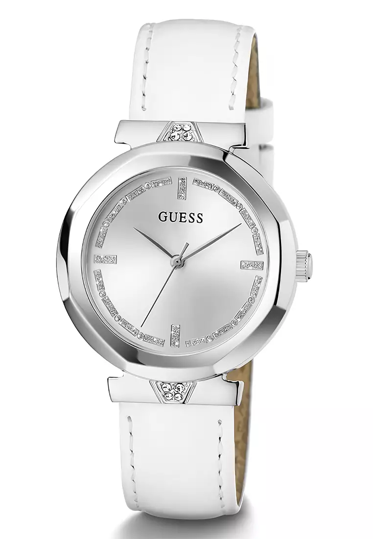 Guess Ladies Watch Rumour Jam Tangan Analog Wanita - Silver Case White Leather Strap - GW0689L1