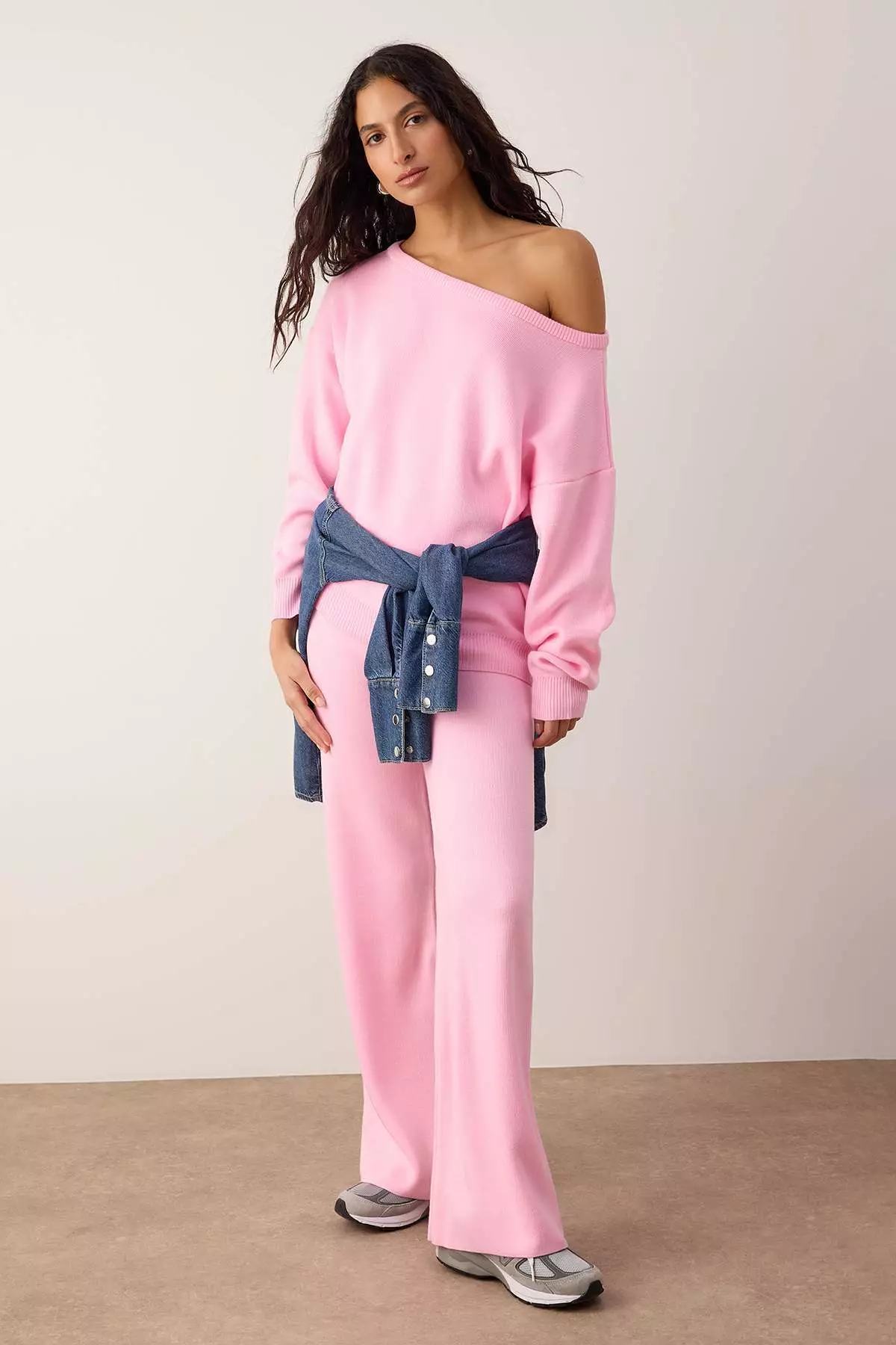 Pink Boat Neck Sweater-Pants Knit Top-Bottom Set Twoaw26Au00043